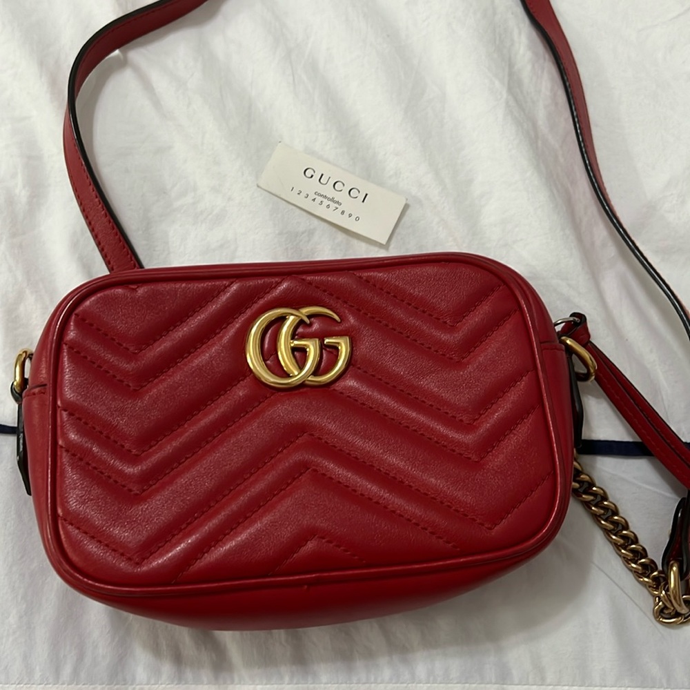 Gucci Red and Gold Marmont Matelasse Soft Leather Mini Shoulder
Bag